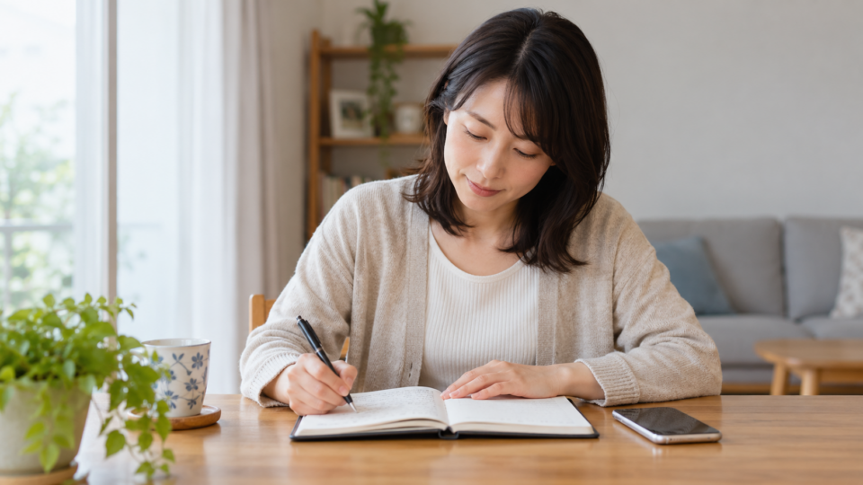 症状についてノートに記録する女性