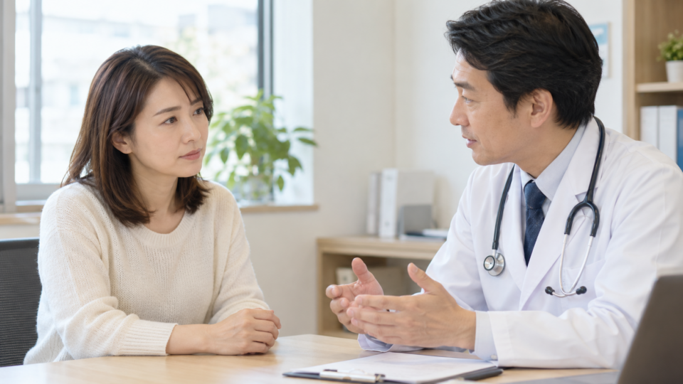 医師に症状を相談する女性の説明用イメージ