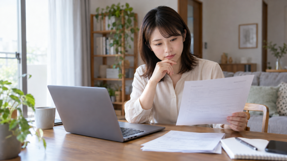 求人条件の書類を確認する女性のAI生成イメージ