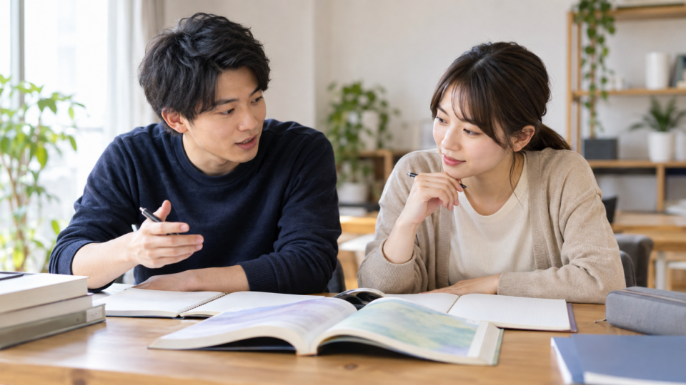 資格の勉強資料を見ながら話す二人の成人のAI生成イメージ