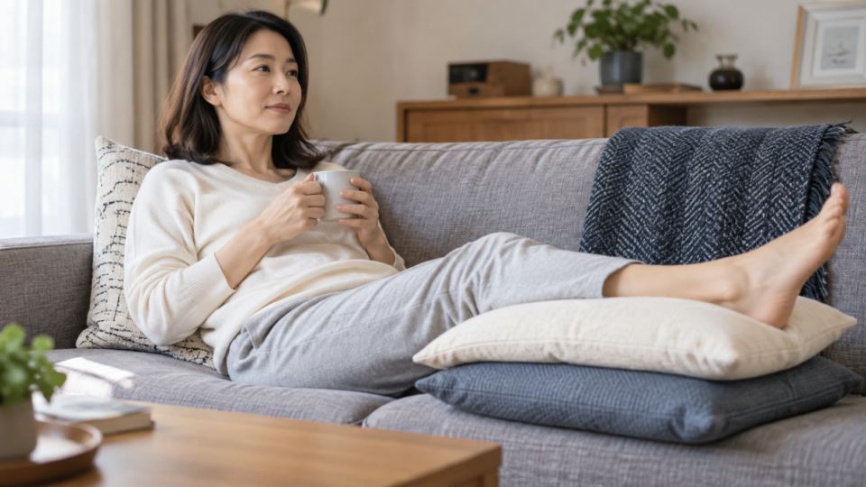 膝に無理な力をかけず脚を支えて休む様子