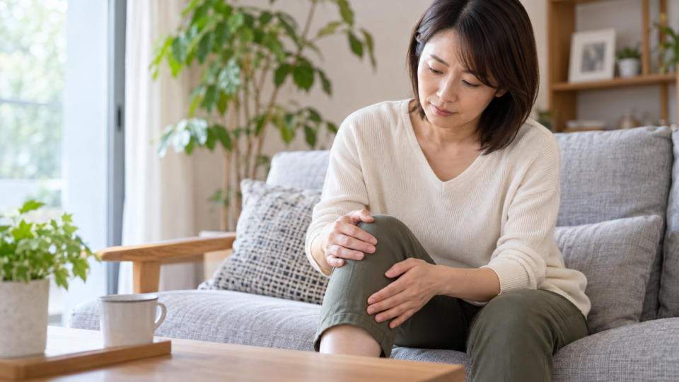 膝の周辺に手を添えて症状を確かめる女性