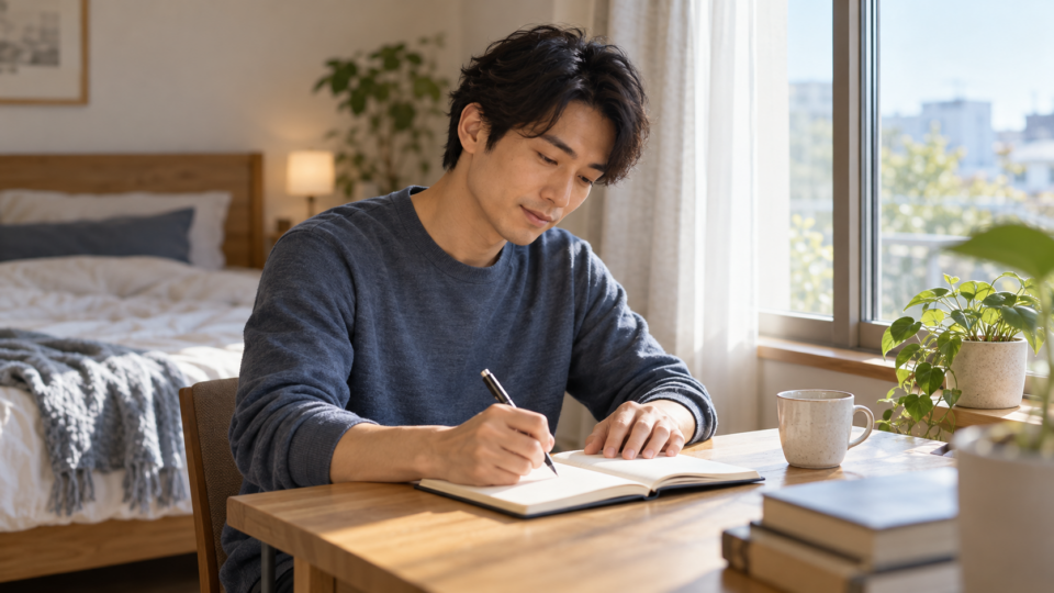 睡眠と翌朝の状態を記録する男性のAI生成イメージ