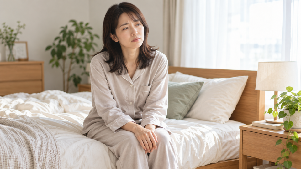 起床後に体調を確認する女性のAI生成イメージ