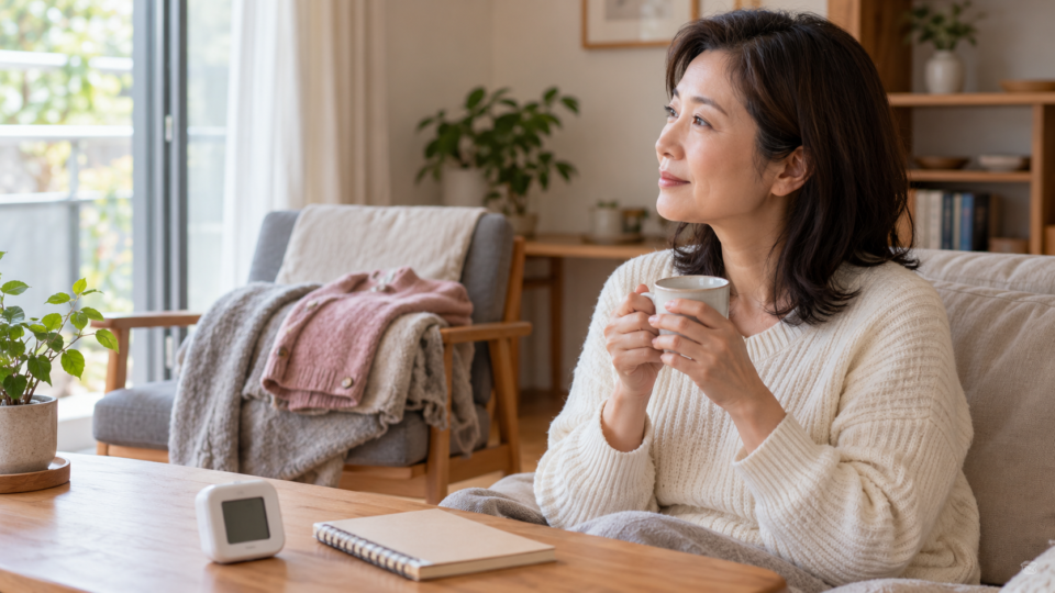 室温計や掛け物をそばに置き、カップを持って座る女性