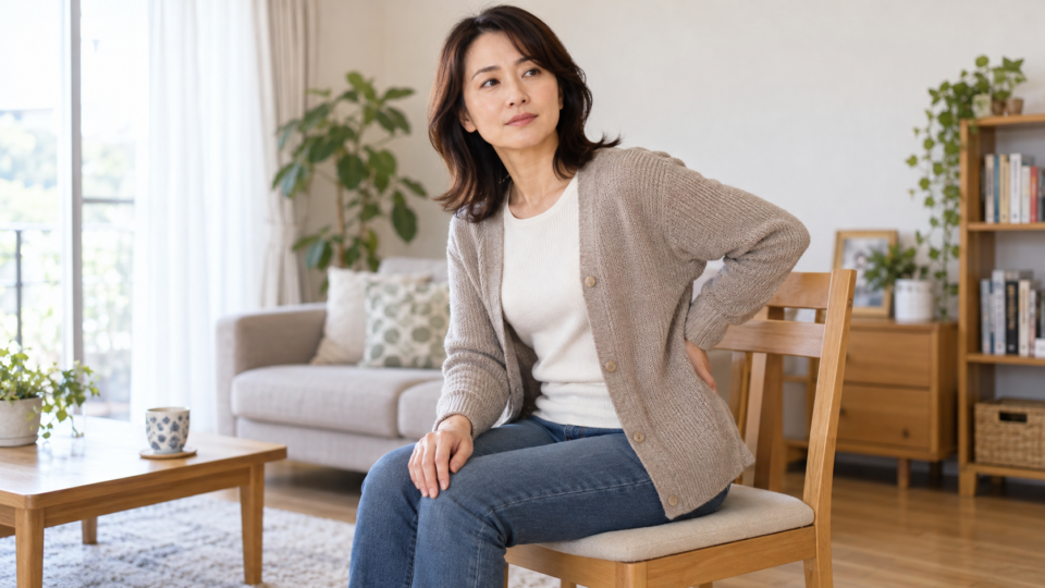 腰に手を添えて椅子に座る女性