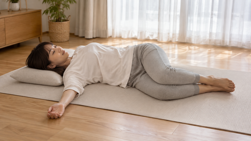 横向きで体を支えながら胸まわりを小さく動かす女性