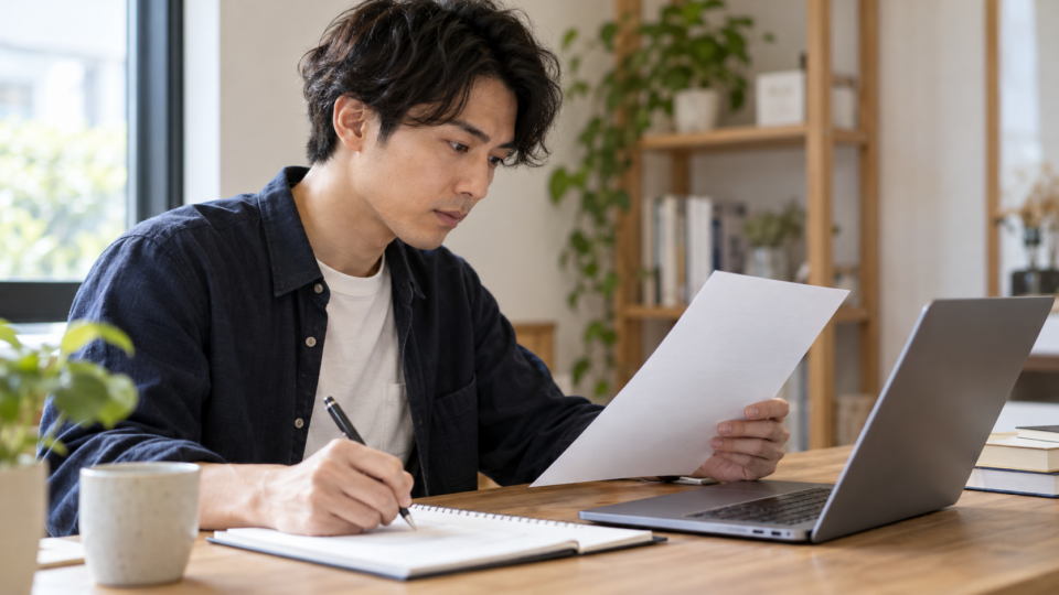 受講条件を資料で確認する男性のAI生成イメージ