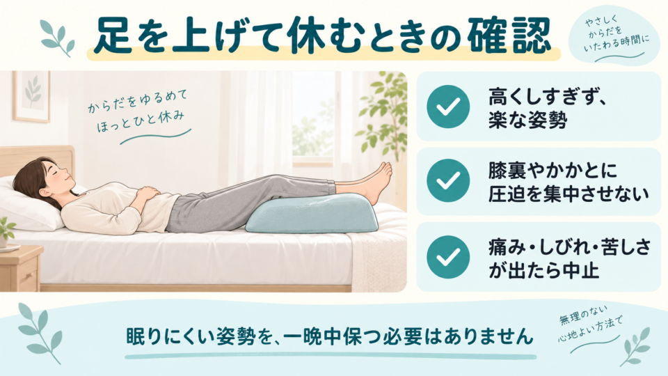 脚を楽に支え、圧迫や痛み・しびれを確認する休み方の図