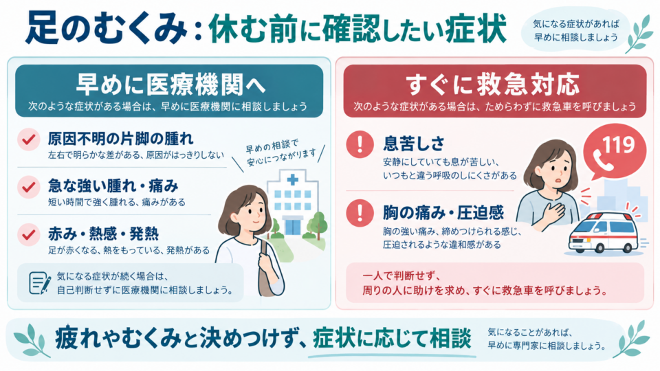 片脚の腫れや急な痛みは受診し、息苦しさや胸の症状は救急対応を求める目安