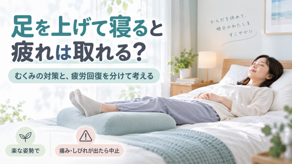 ベッドで脚をクッションに乗せて休む女性と、むくみ対策と疲労感を分ける視点