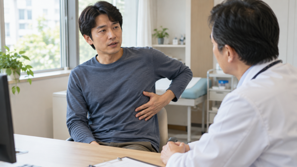 胴体の横の気になる場所を医療者へ伝える男性