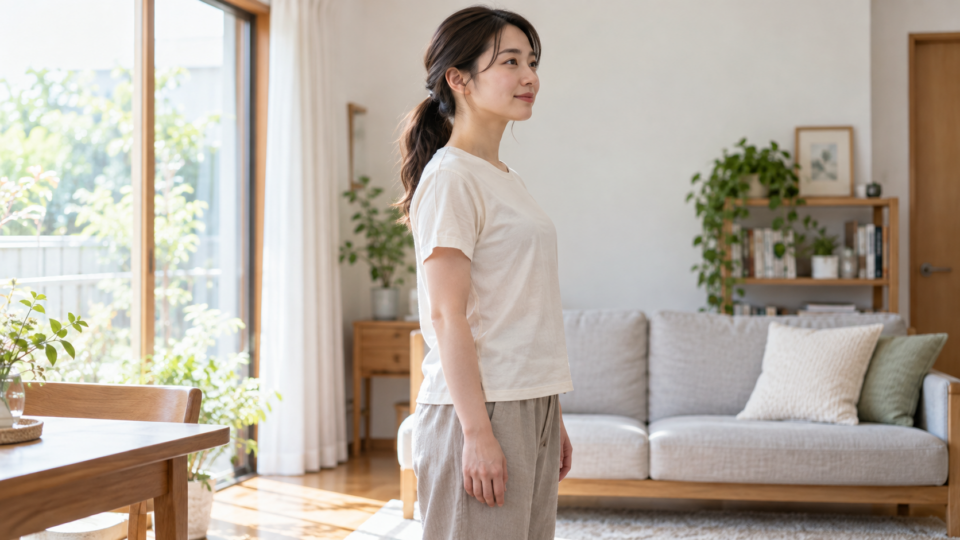 胴体の横側が見える向きで自然に立つ女性