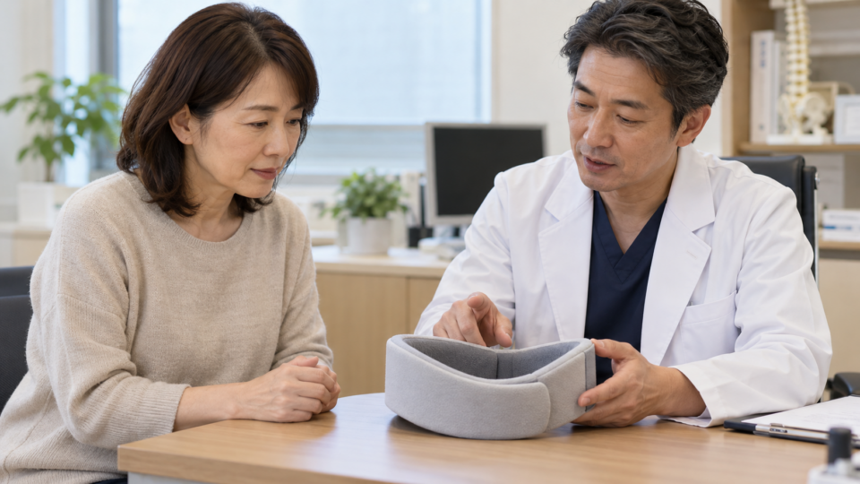 机上の首用カラーを見ながら医療者の説明を聞く女性