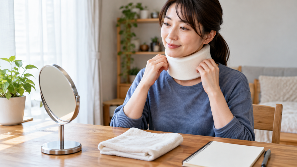 鏡の前で柔らかい首用カラーを着けた女性