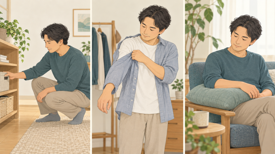 物を取る、着替える、腕を支えて休む日常の場面