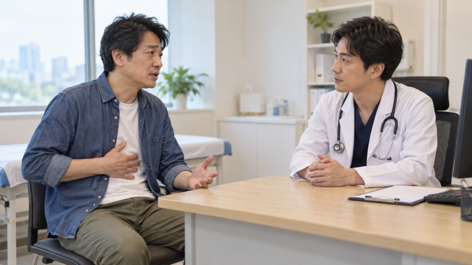 胸部の違和感について医師に説明する男性のイメージ