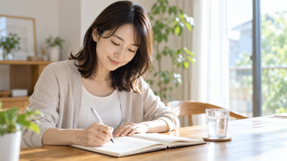 睡眠の記録をノートに書く女性のAI生成イメージ
