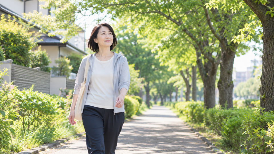 明るい時間に近所を歩く女性のAI生成イメージ