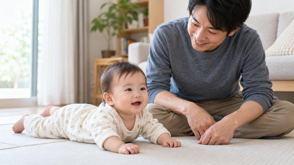 起きてうつ伏せ遊びをする赤ちゃんを父親が近くで見守るイメージ