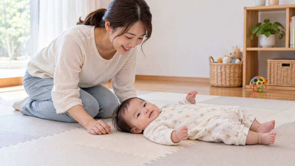 床のマットで仰向けに過ごす赤ちゃんを母親が見守るイメージ