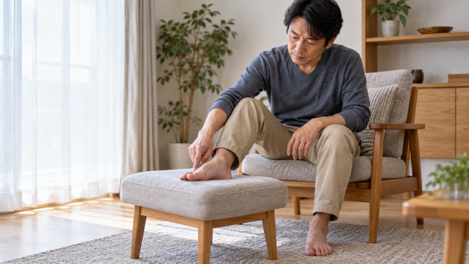 椅子に座り右足の痛む場所を確認する男性