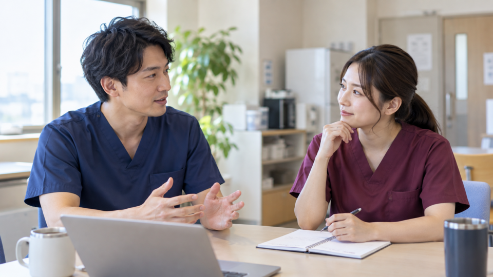 仕事の条件について話し合う医療職の二人のイメージ