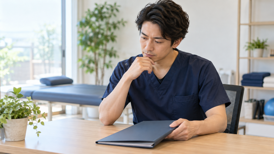 明るい室内で資料を持つ医療職の男性のイメージ