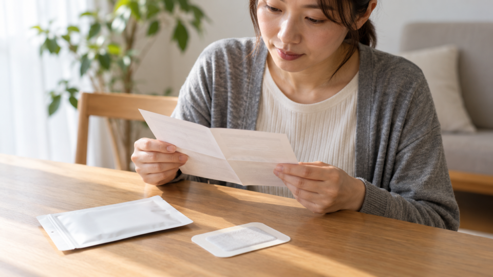 湿布の袋と説明書を机に置いて確認する女性