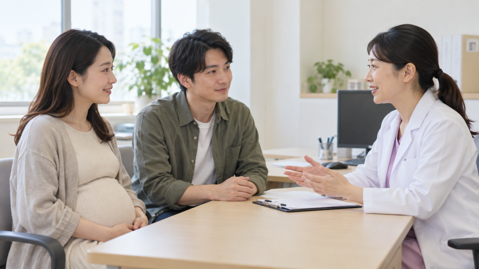 妊婦とパートナーが医師と相談する説明用イメージ