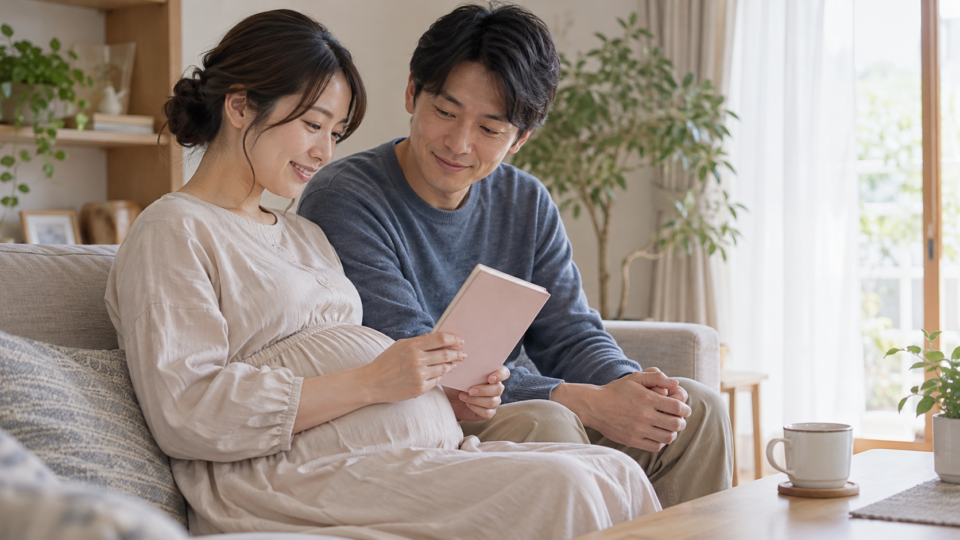 ノートを手にパートナーと過ごす妊婦の説明用イメージ