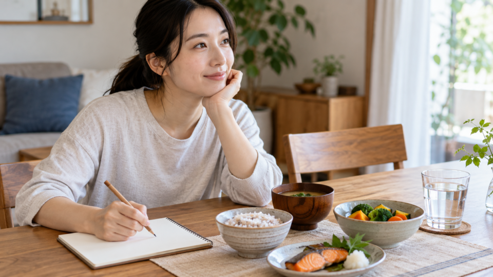 食事や水分と生活の記録を見直すAI生成イメージ