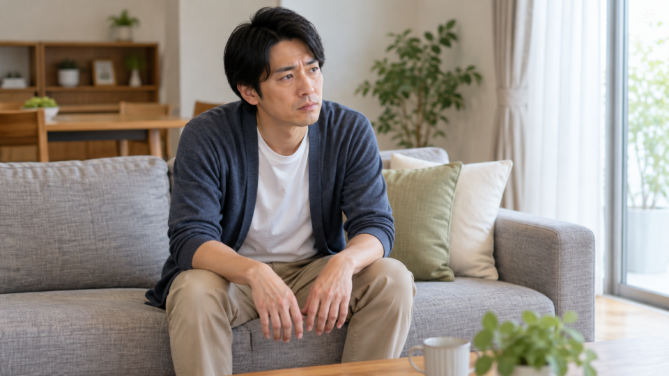 座って体調について考える男性のAI生成イメージ