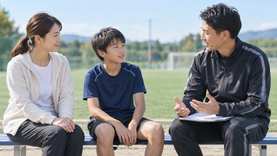 運動への参加方法を保護者と指導者に相談する子どもの説明用AI生成画像