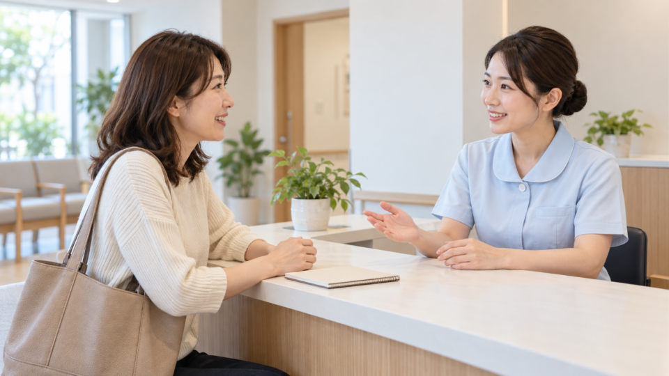 受付で相談する女性のイメージ