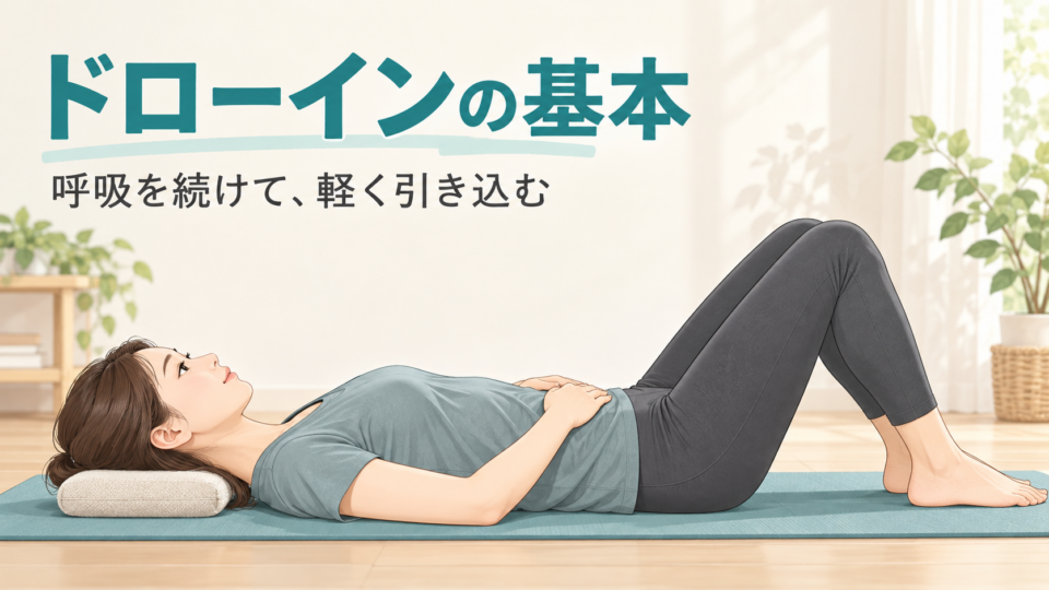 膝を曲げて仰向けになり、お腹へ軽く手を添えたドローインの姿勢