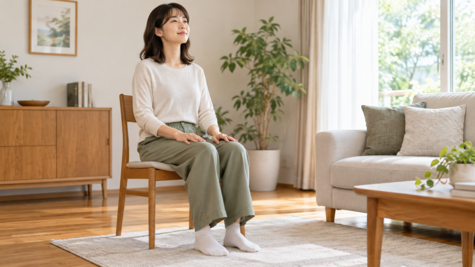 椅子に座り、肩の力を抜いて呼吸する女性のAI生成イメージ
