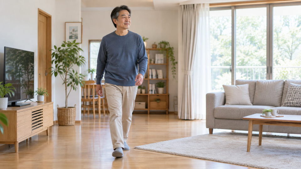 休息の合間に室内をゆっくり歩く男性のAI生成イメージ