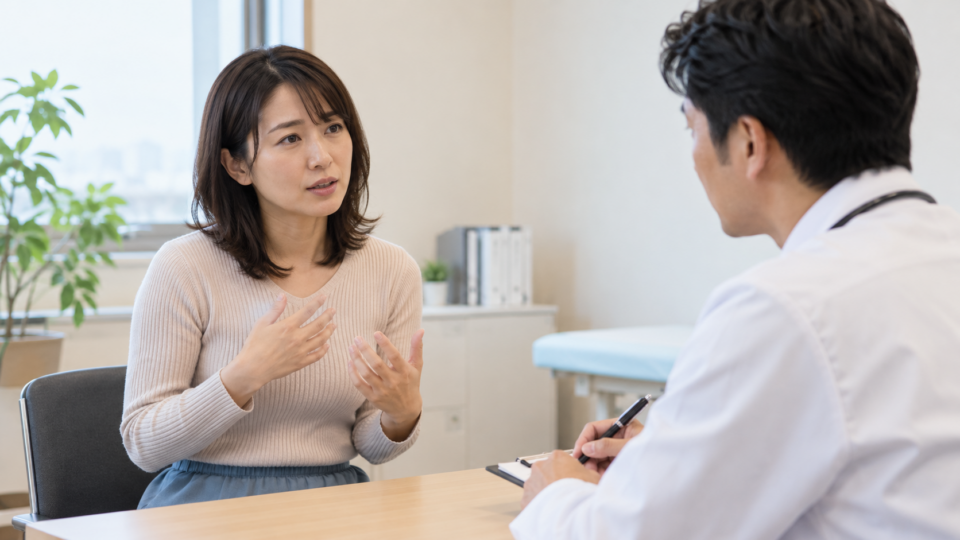 自分の言葉で症状を医療者へ伝える女性のAI生成イメージ