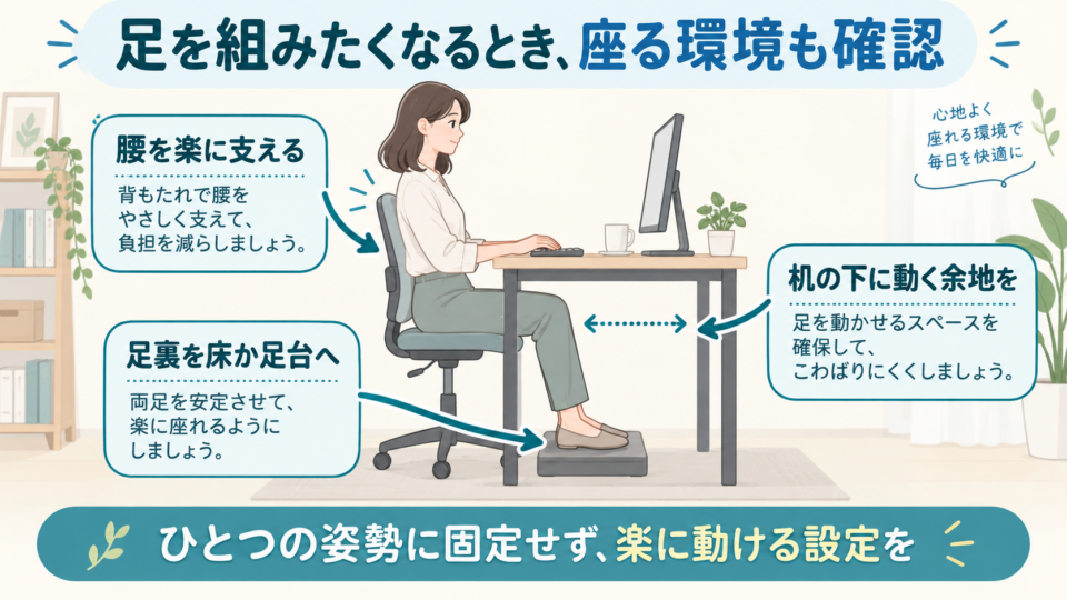 足裏の支え、背もたれ、机の下の空間を確認する座る環境の図