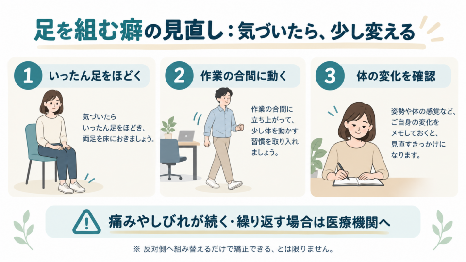 足をほどく、作業の合間に動く、体の変化を確認する習慣の図