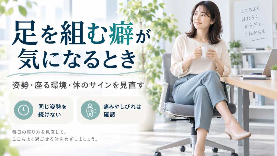 足を組んで椅子に座る女性と、座る環境・体の変化を見直す視点