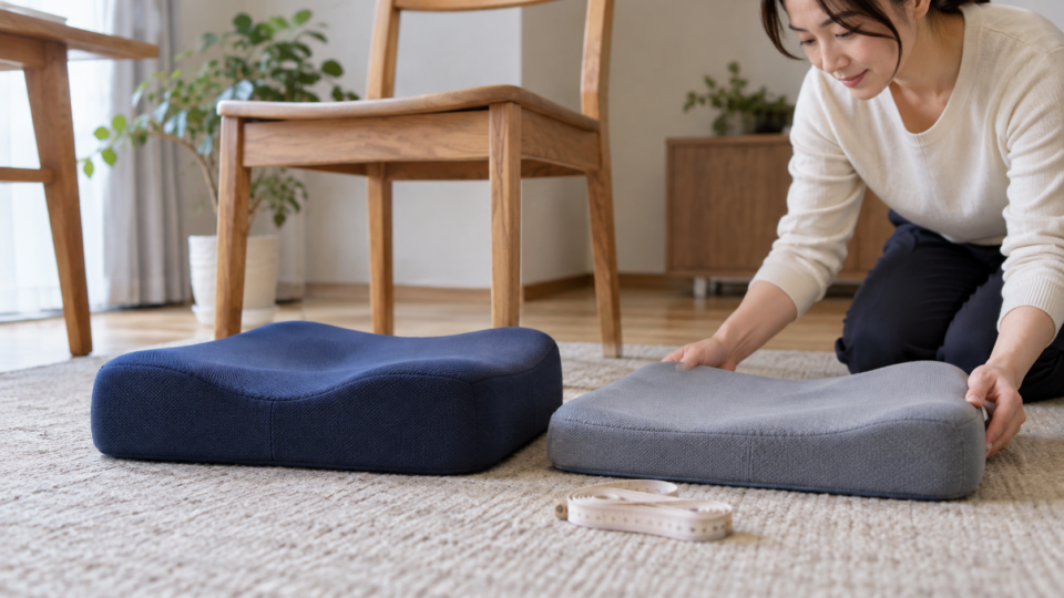 椅子の横で形と厚さが違うクッションを比べる女性のAI生成イメージ