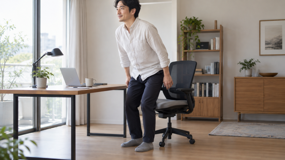 クッションを置いた椅子から立ち上がる男性のAI生成イメージ