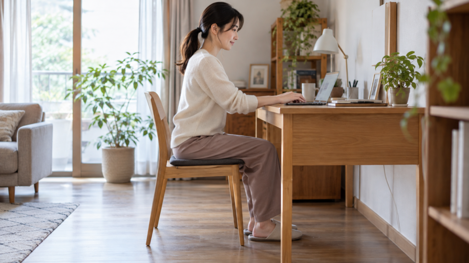 薄い座面クッションを敷いた椅子で作業する女性のAI生成イメージ