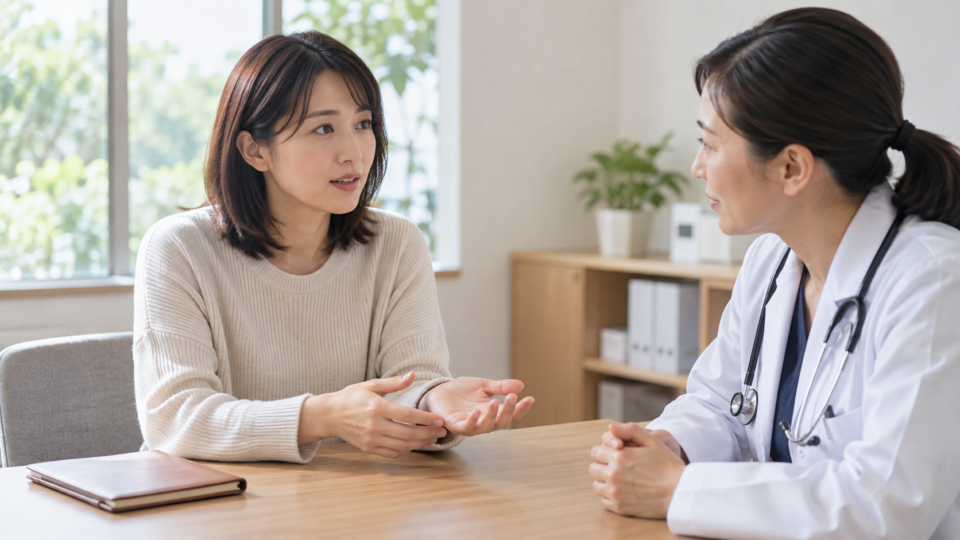 机を挟んで手の状態について相談する女性の説明用イメージ