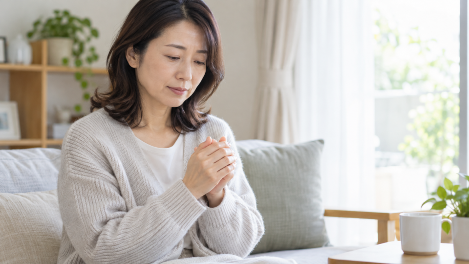窓辺で両手を合わせている女性の説明用イメージ