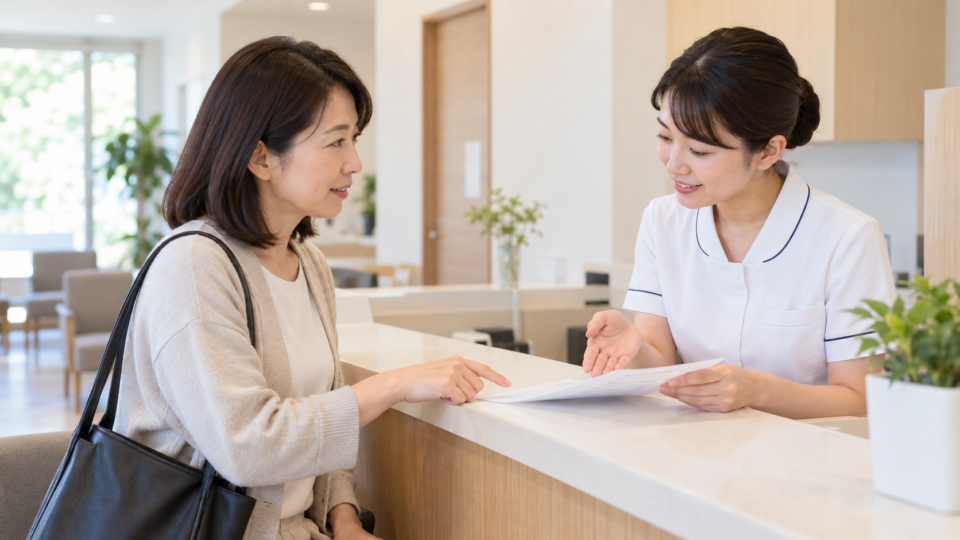 医療機関の受付で書類について質問する女性のイメージ