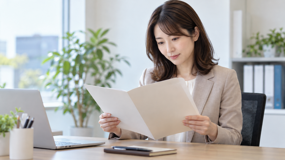 明るい事務室で書類の内容を確認する女性のイメージ