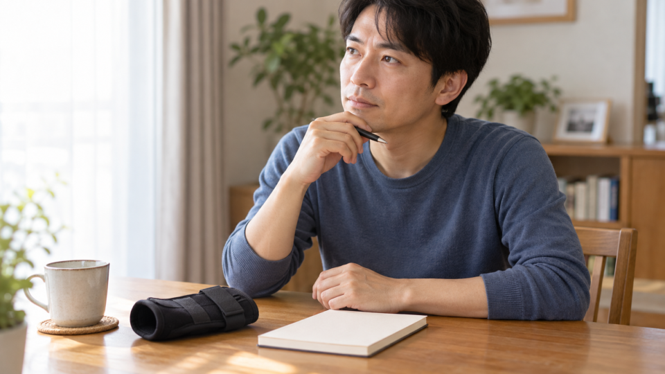 サポーターとノートを前に相談内容を考える男性のイメージ